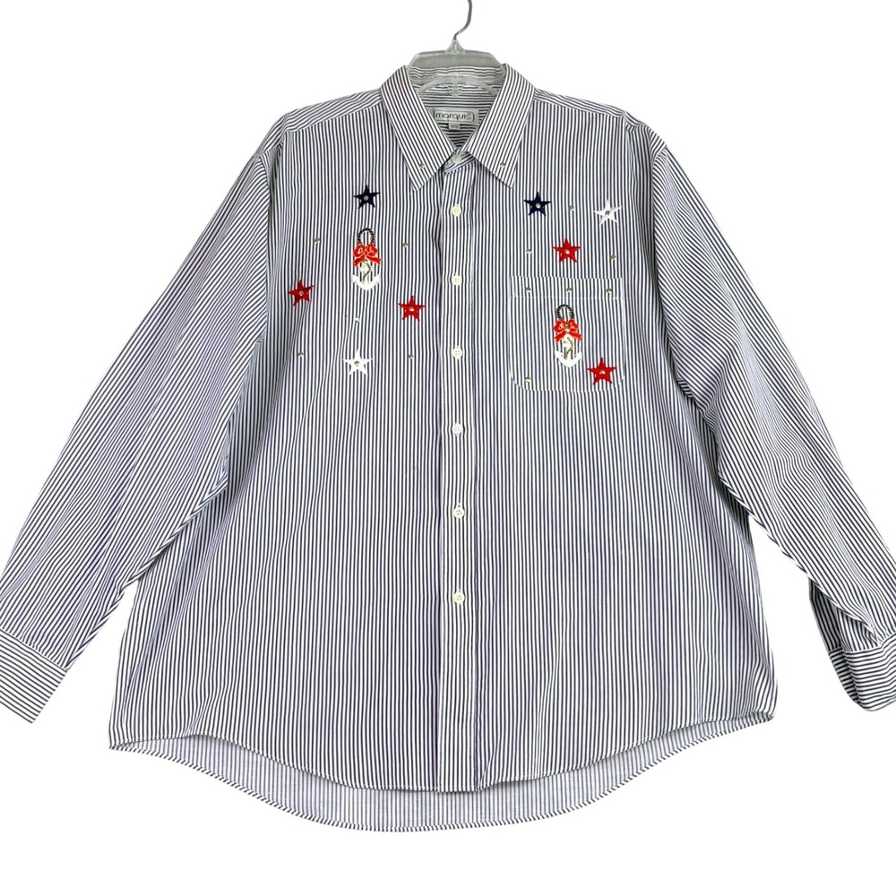 Marquis Women's XL Striped‎ Button Down Shirt Nautical Anchor Star Embellished